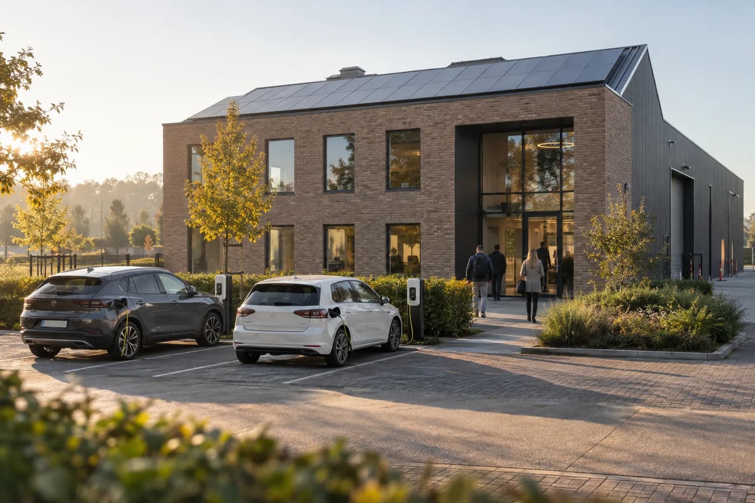 Illustratieve Belgische KMO-site met zonnepanelen en laadpunten