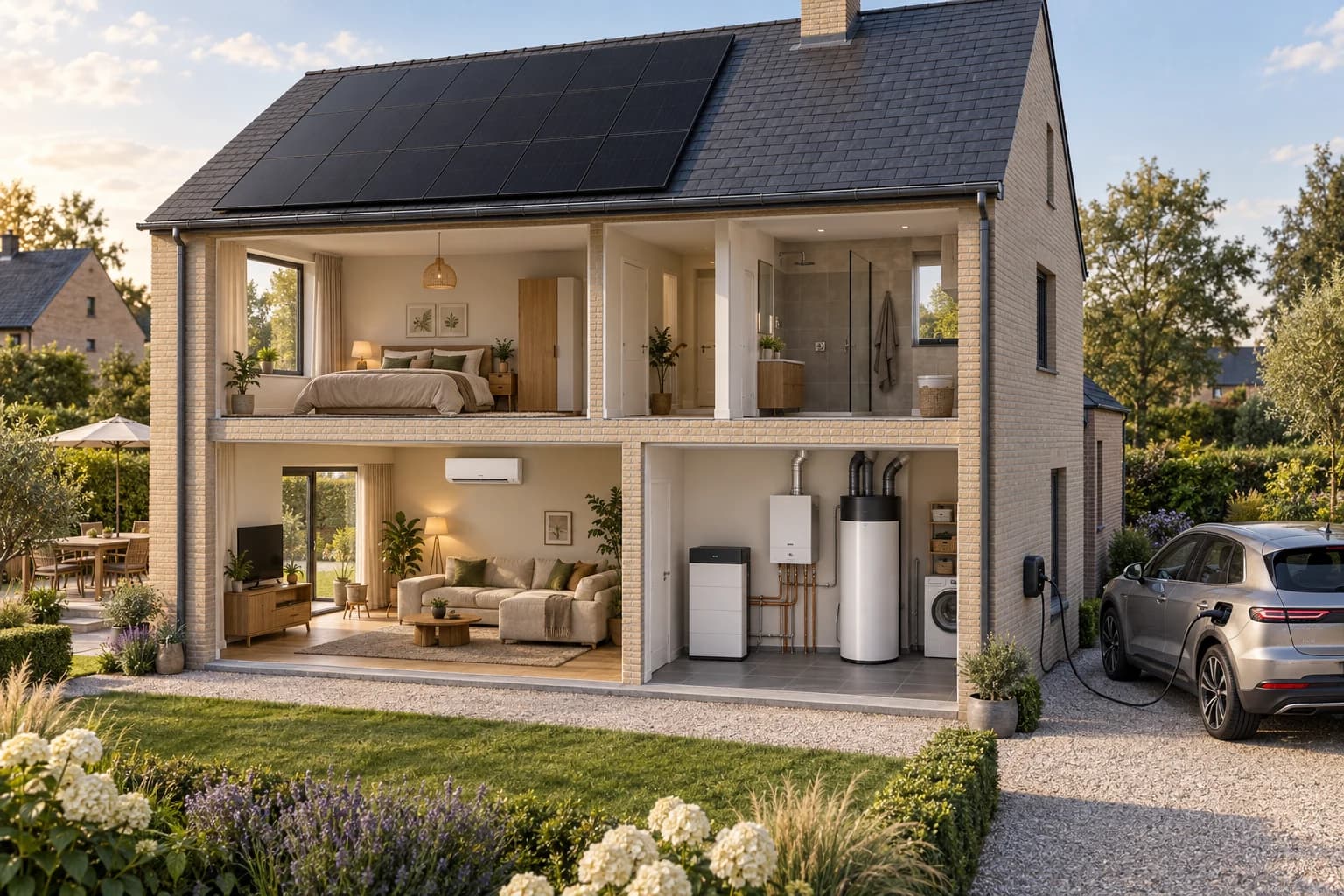 Doorsnede van een Belgische woning: zonnepanelen op het dak, airco in de leefruimte, batterij, cv-ketel en warmtepompboiler in de technische ruimte en een laadpunt naast de auto