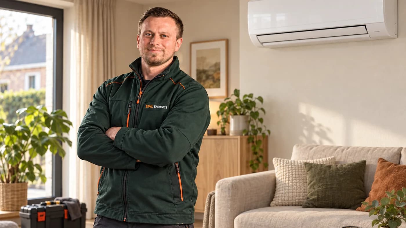 EWL-technieker bij een airco in een warme Belgische leefruimte