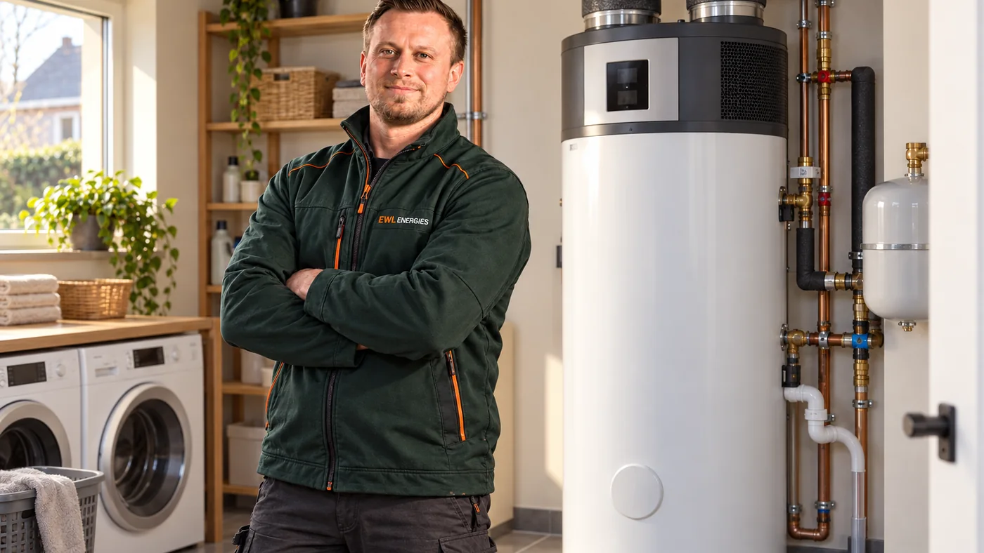 EWL-technieker bij een warmtepompboiler in een woning