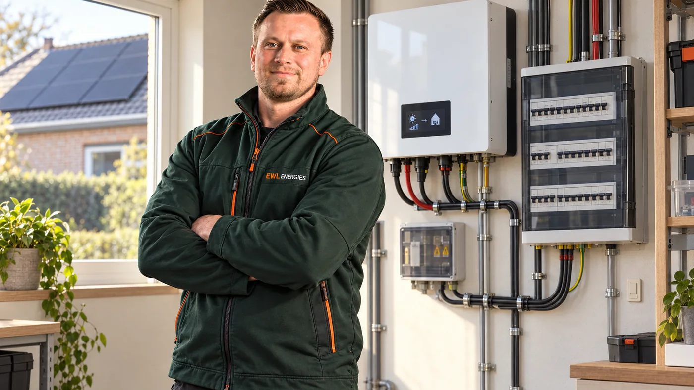 EWL-technieker bij een omvormer en elektrische installatie voor zonnepanelen