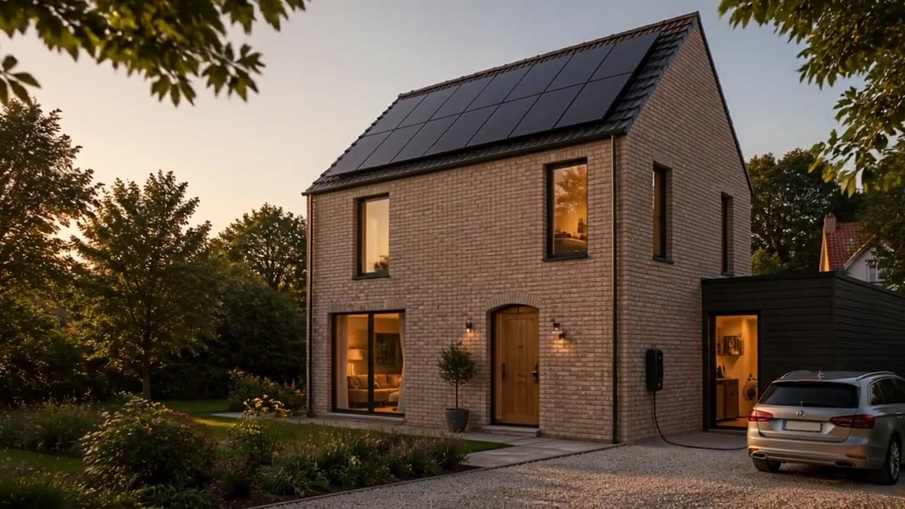 Illustratieve woning met zonnepanelen en een laadpunt